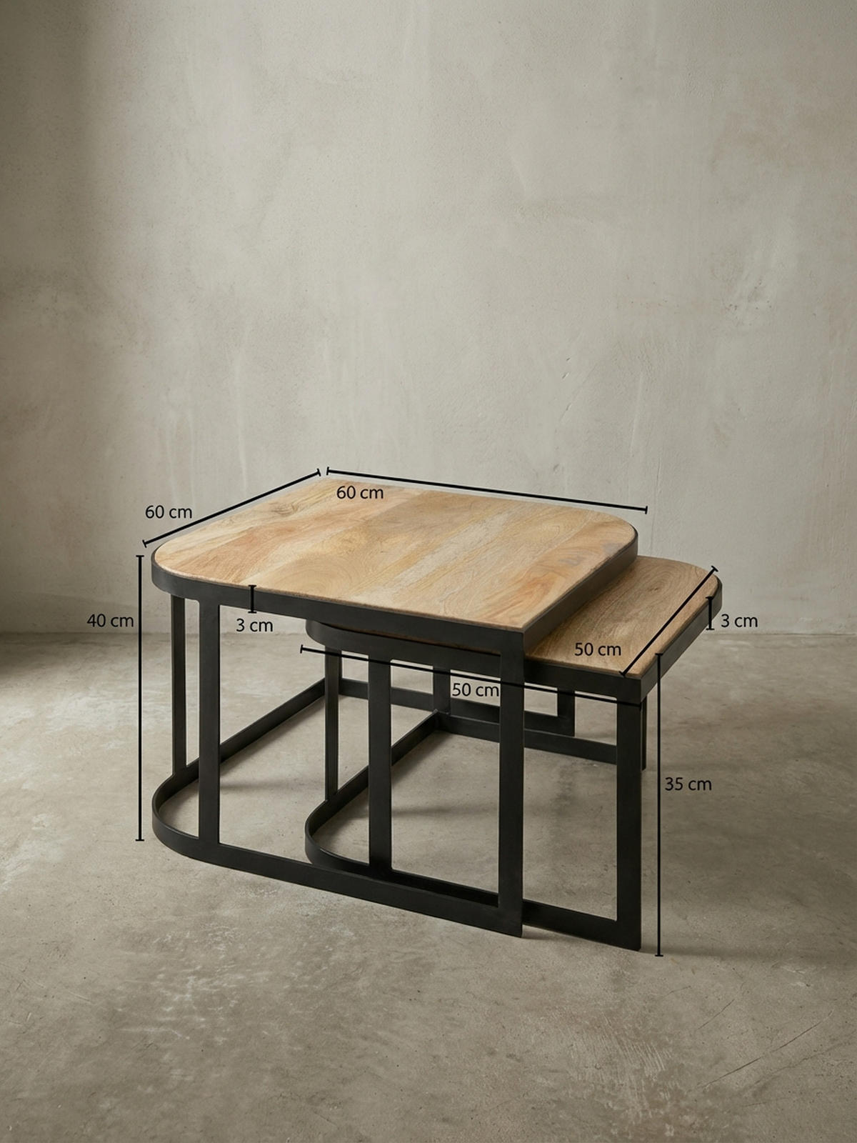 BEISTELLTISCH 2er Set Mango Massivholz Eisen Abgerundete Ecken TIMAVO, Braun 60x60x40 cm - Schwarz/Braun, Holz/Metall (60/60/40cm) - KADIMA DESIGN
