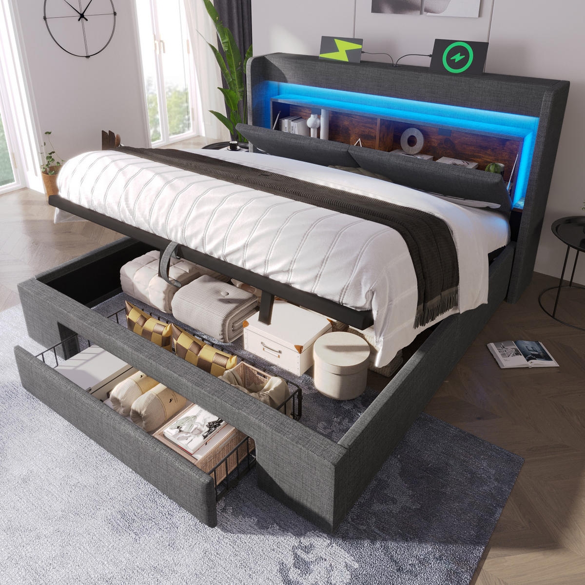 STAURAUMBETT 180/200 cm DE-00603, in Grau, hydraulischem Bettkasten - Grau, Metall (180/200cm) - ComfortXL