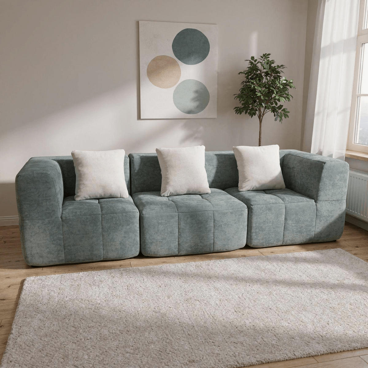 WOHNZIMMERSOFA Eden Simple 3-Sitzer - Salbei Weiß - Salbeigrün, Textil (92/71/92cm) - COCO Living