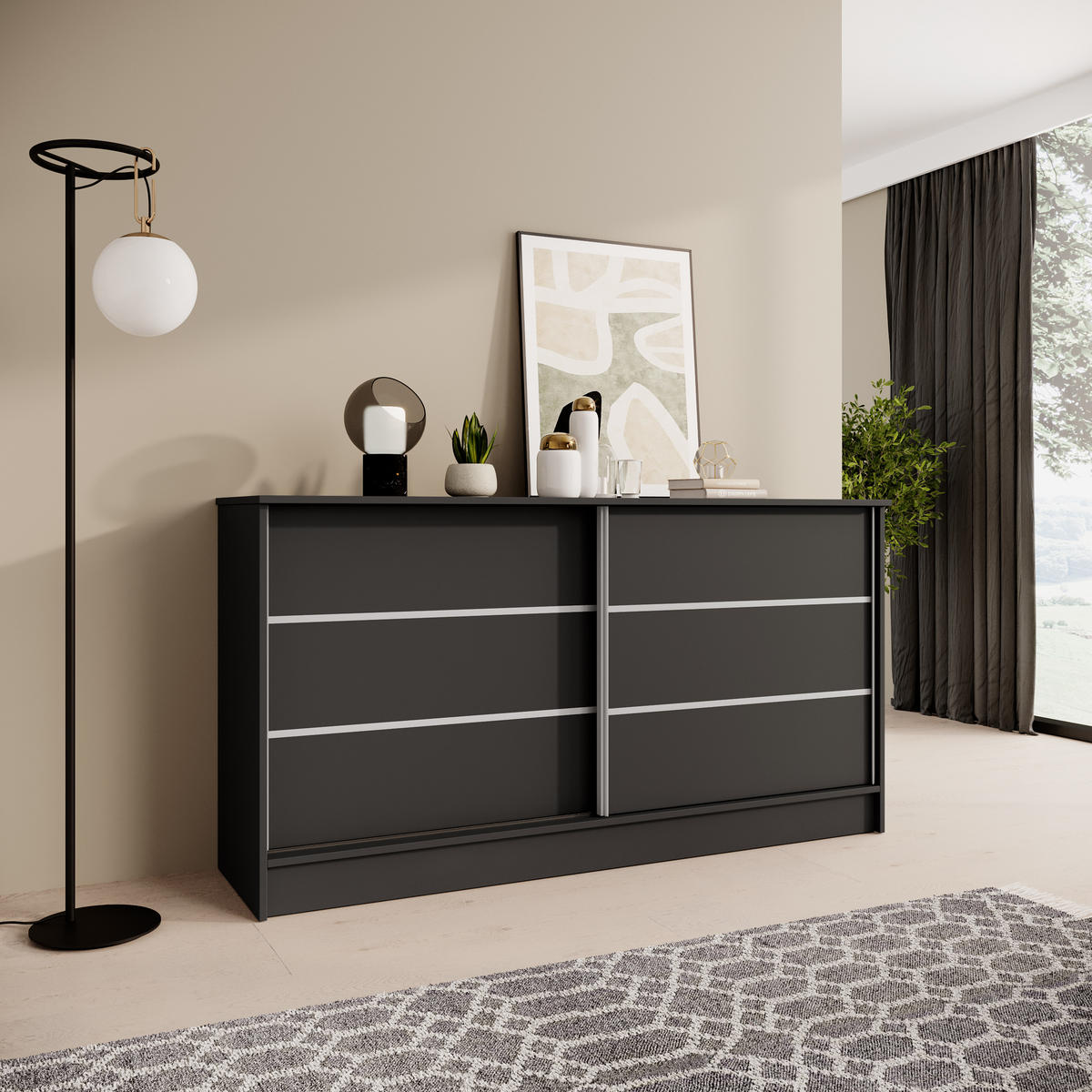 KOMMODE Mirela mit 2 Schiebetüren 160 cm, Schwarz - Schwarz, Holzwerkstoff (161/85/43.5cm) - Beautysofa