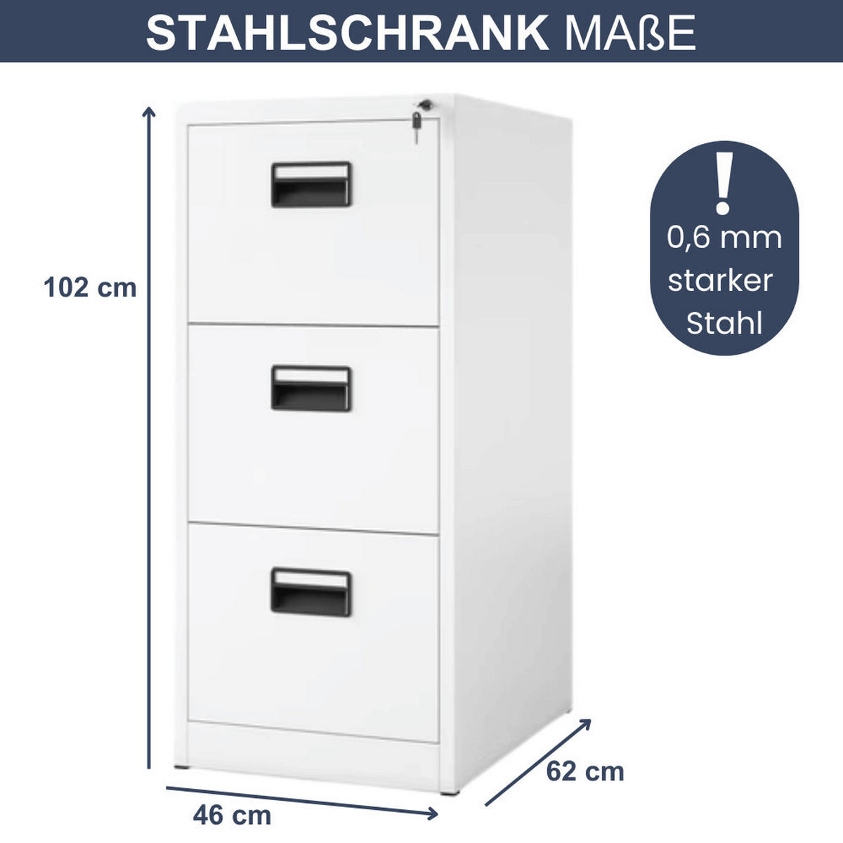 HÄNGEREGISTERSCHRANK abschließbar TION 3 Schubladen 102x46x62cm Weiß - Weiß, Metall (46/102/62cm) - DELUKE