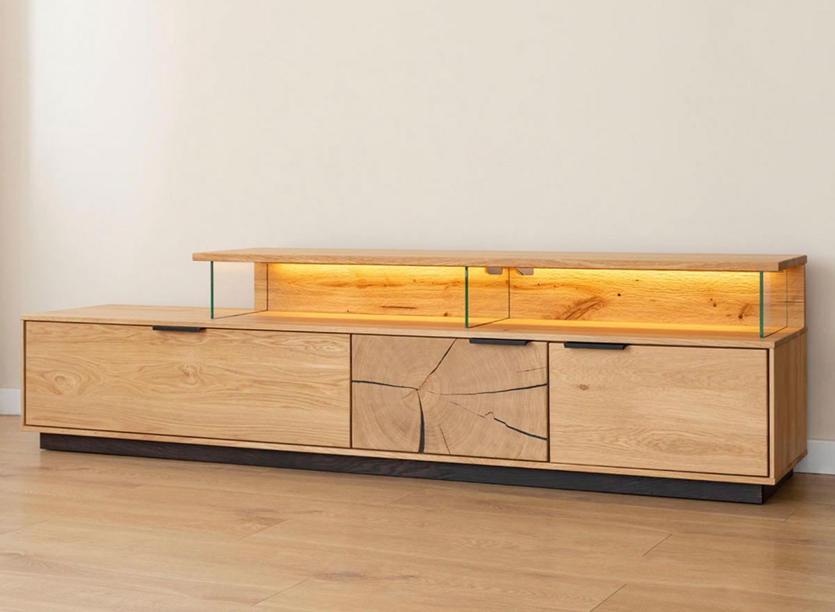 LOWBOARD Tirano Eiche Natur / Hirnholz 200 / 39 / 52cm - Hellbraun/Eichefarben, Holz (200/52/39cm) - Feldmann-Wohnen