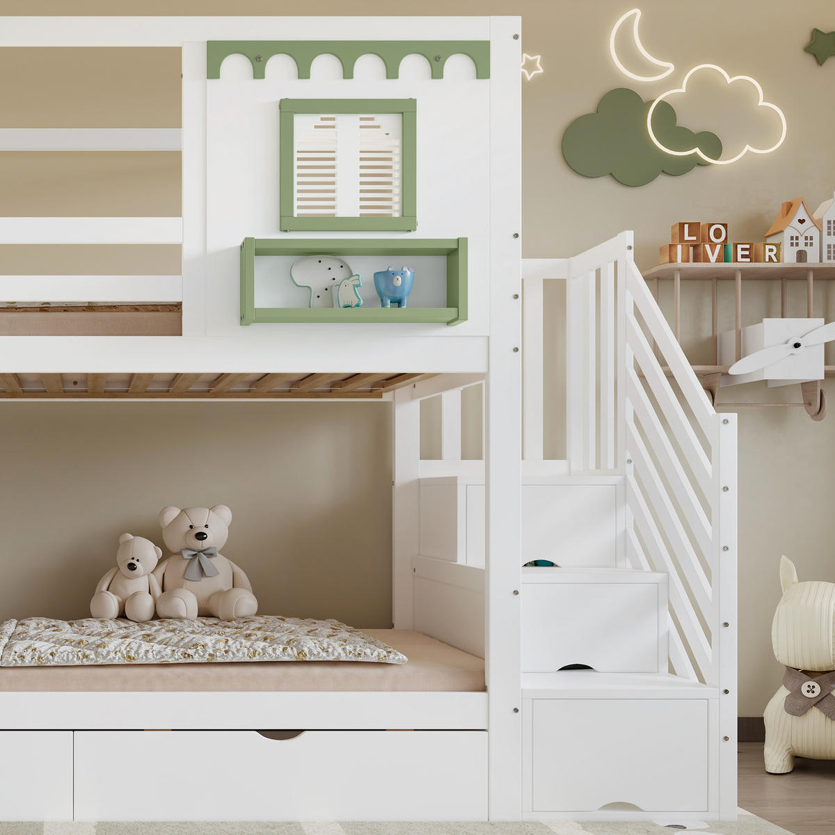 ETAGENBETT Mit kleinem Lochbrett-Bereich Weiß+Grün - Weiß, Holz (90/200cm) - ComfortXL