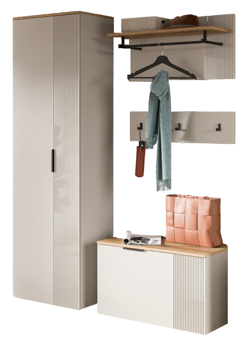 GARDEROBEN-SET 4-teilig Kaschmir Sand, Evoke Eiche, Flurmöbel 155 x 190 cm, Skid - Kaschmir/Eichefarben, Holzwerkstoff/Kunststoff (155/190/36cm) - Inn.Furn