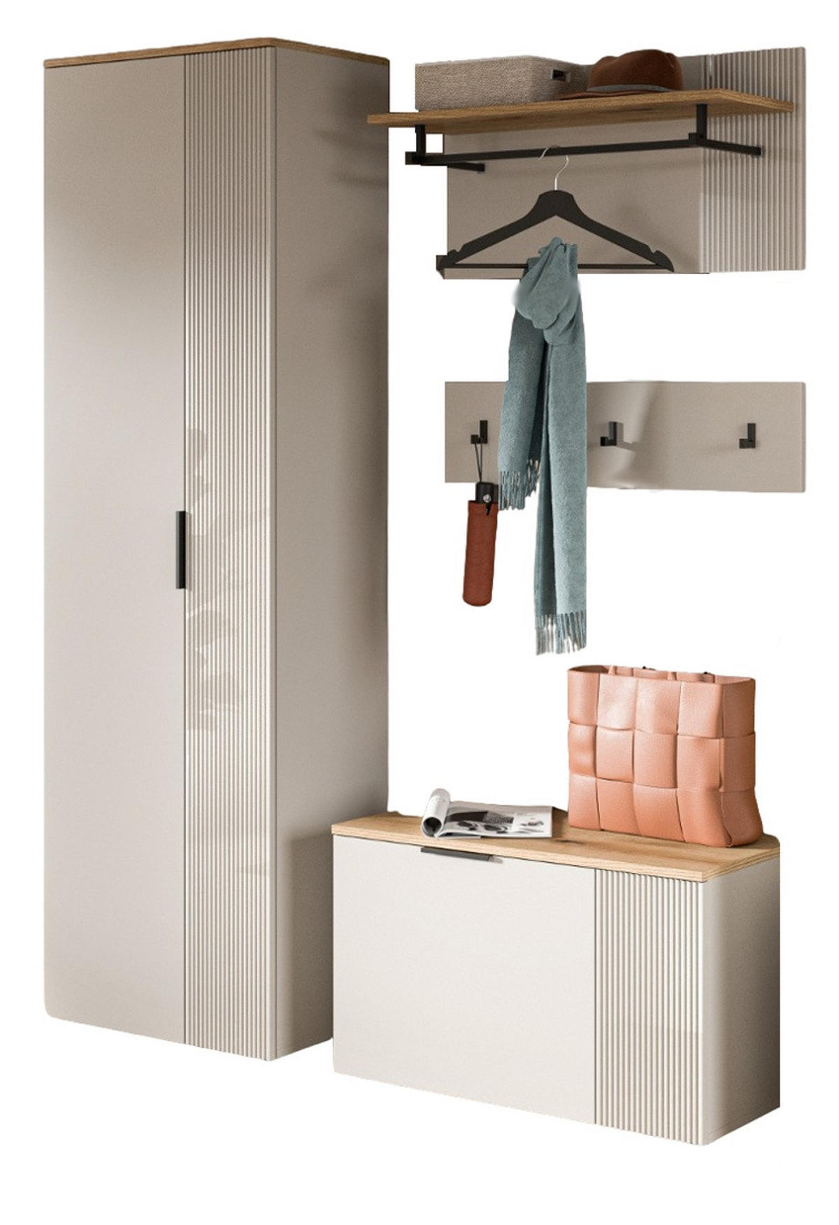 GARDEROBEN-SET 4-teilig Kaschmir Sand, Evoke Eiche, Flurmöbel 155 x 190 cm, Skid - Kaschmir/Eichefarben, Holzwerkstoff/Kunststoff (155/190/36cm) - Inn.Furn