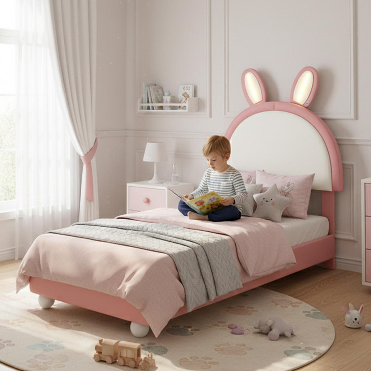 POLSTERBETT mit Hasenkopfteil und LED 90x200 cm Rosa-Weiß - Pink, Holzwerkstoff (90/200cm) - Beauniv