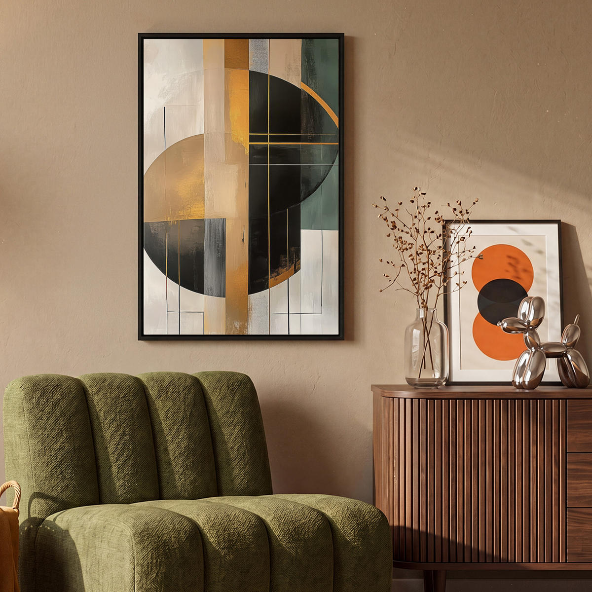 LEINWAND Bilder mit Rahmen - Abstrakt - Gold - Bronze - Grün - Formen - Modern - 60x90 - Multicolor, Textil (60/90cm) - MuchoWow