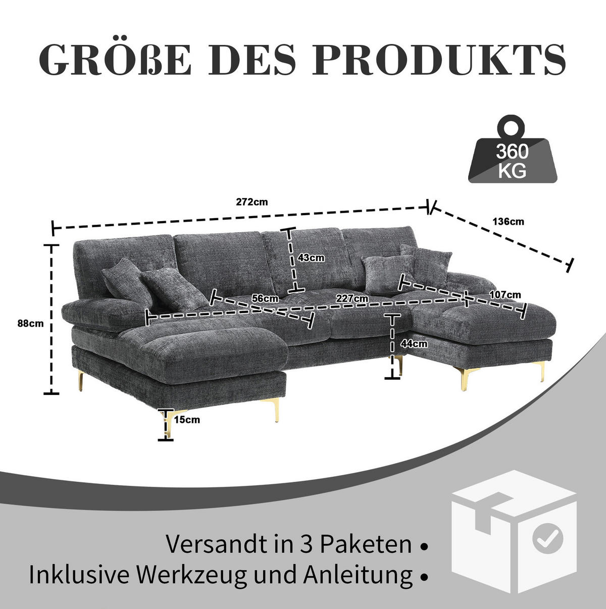 U-FORM Wohnlandschaft Chenille mit 2 Liegeflächen 272/136/88 cm Grau - Grau, Textil/Metall (136/88/272cm) - Redom