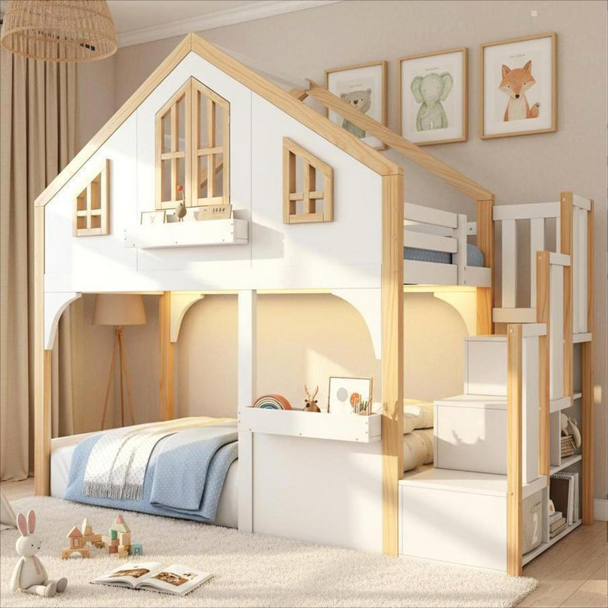 HAUSBETT 90x200cm mit LED und Stauraumtreppe in Weiß+Naturfarbe - Weiß, Holz (90/200cm) - KOMHTOM