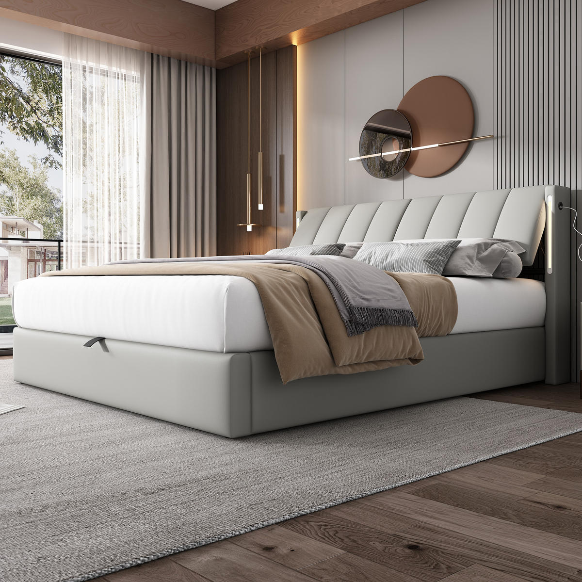 POLSTERBETT 140/200 cm Grau mit Stauraum und verstellbarem Kopfteil - Grau, Kunststoff (140/200cm) - OKWISH