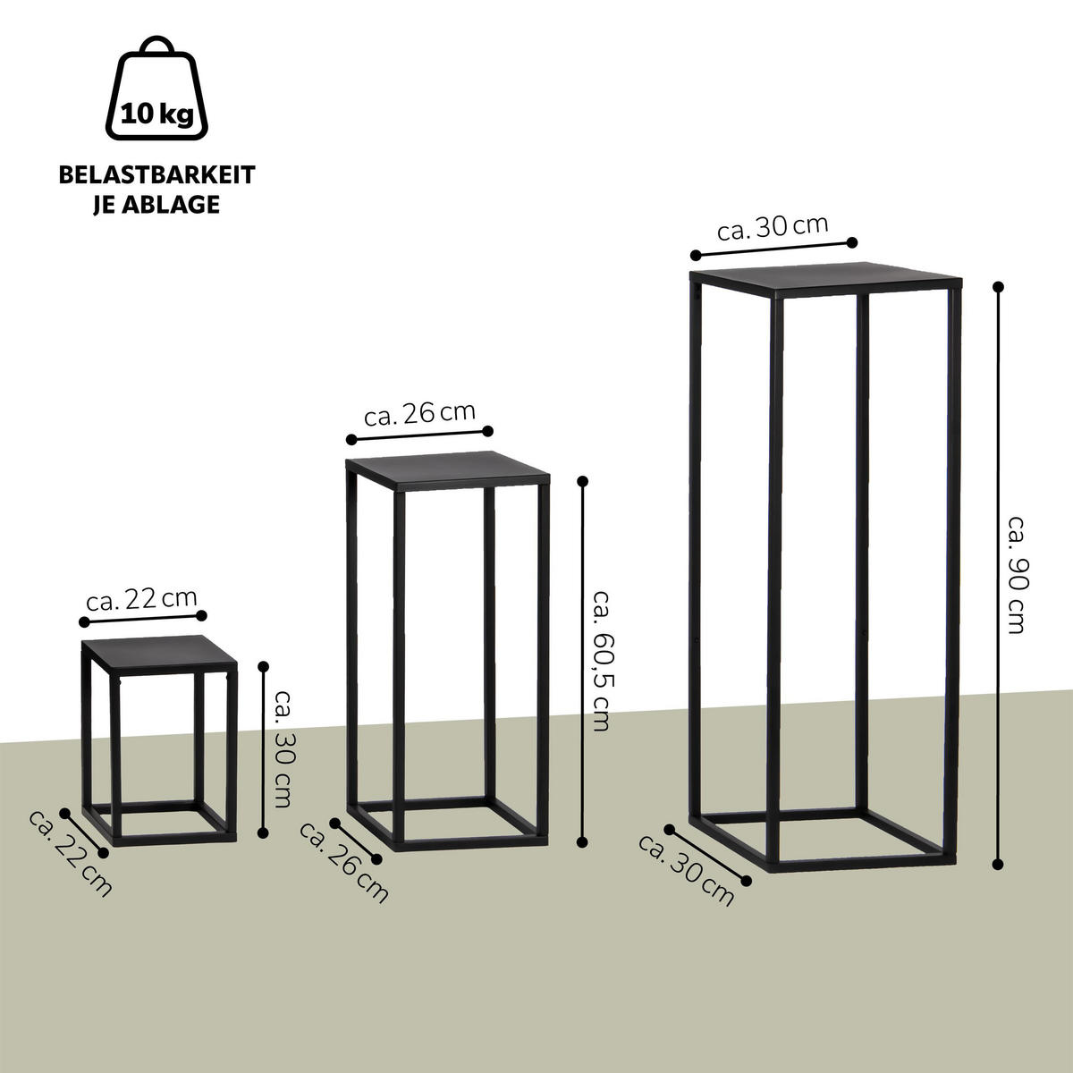BLUMENHOCKER (3er Set), Metall, schwarz - Schwarz, Metall (30/30/90cm) - bremermann