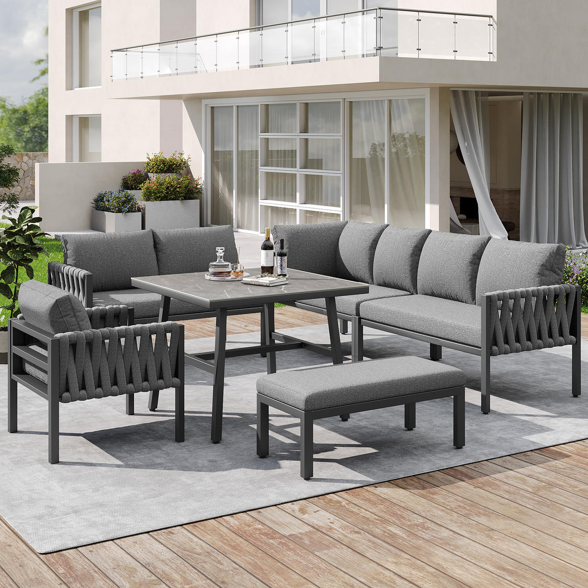 OUTDOOR-SOFASET 238x61x78cm grau aus Metall und mit Kissen - Grau, Metall - Modfu