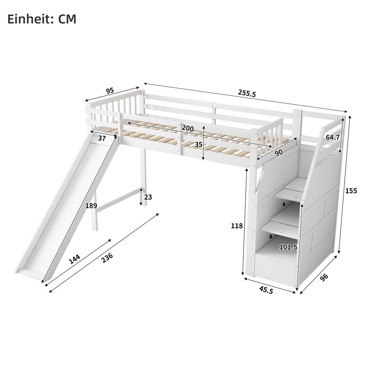 HOCHBETT 90/200 cm weiß mit Rutsche und abnehmbarem Schutzgitter - Weiß, Holz (90/200cm) - OKWISH