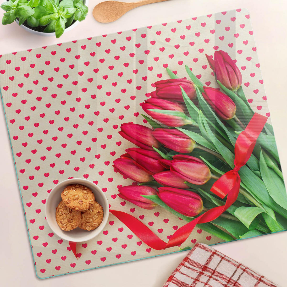 GLASPLATTE 60x52 cm Tulpenherzen - Rot, Glas (60/0.4/52cm) - TULUP