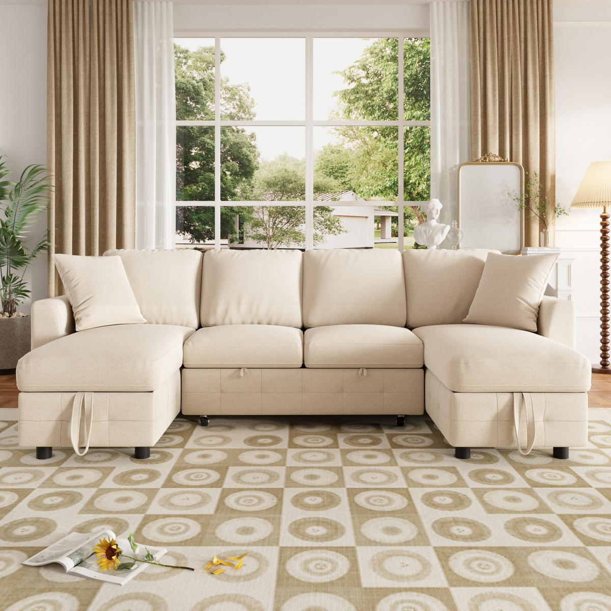 SEDACÍ SOUPRAVA, rozkládací, šenilová, béžová - béžová, textil (260/82/128cm) - FLIEKS