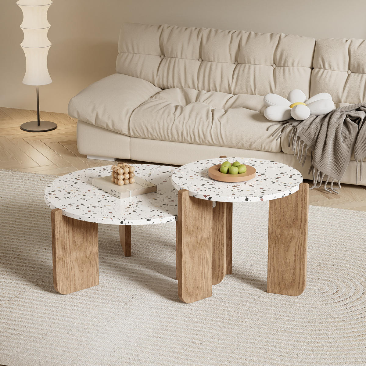 COUCHTISCH-SET Holzoptik, rund und ineinander schiebbar - Weiß, Metall (70/70/35cm)