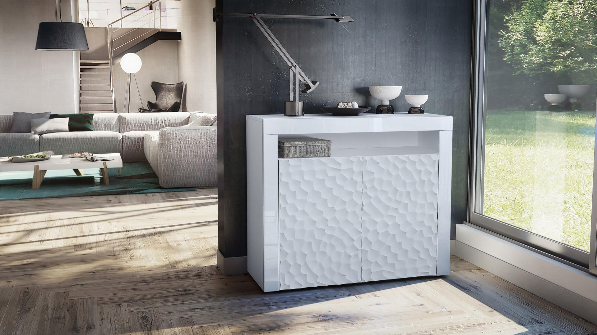 SIDEBOARD Valencia Fronten in Weiß Hochglanz Calypso mit 3D Struktur - Perlmutt, Holzwerkstoff (155/46/40cm) - Vladon
