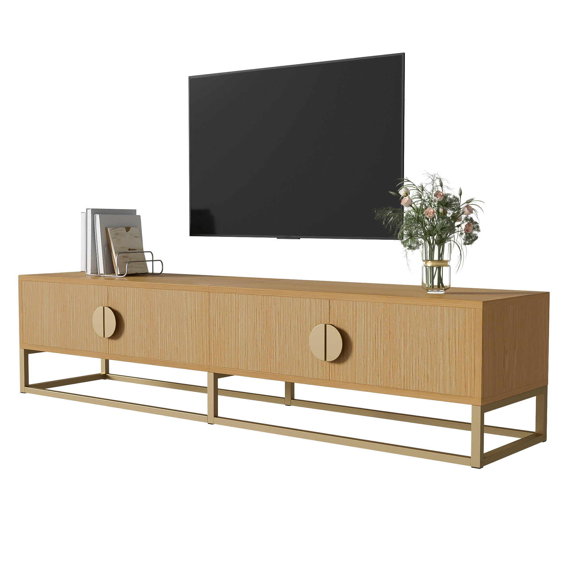 Modfu TV stolek z MDF a dřevotřísky 180x40x40 cm v dekoru dřeva se 4 dvířky, tichým dovíráním a zlatými detaily