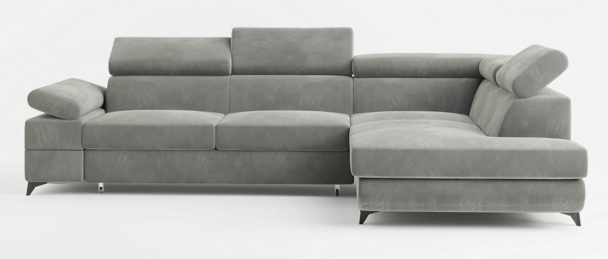 ECKSOFA FAVIEN R-S Hellgrau Velours-Stoff mit Schlaffunktion - Hellgrau, Holz (257/190cm) - MASSENO