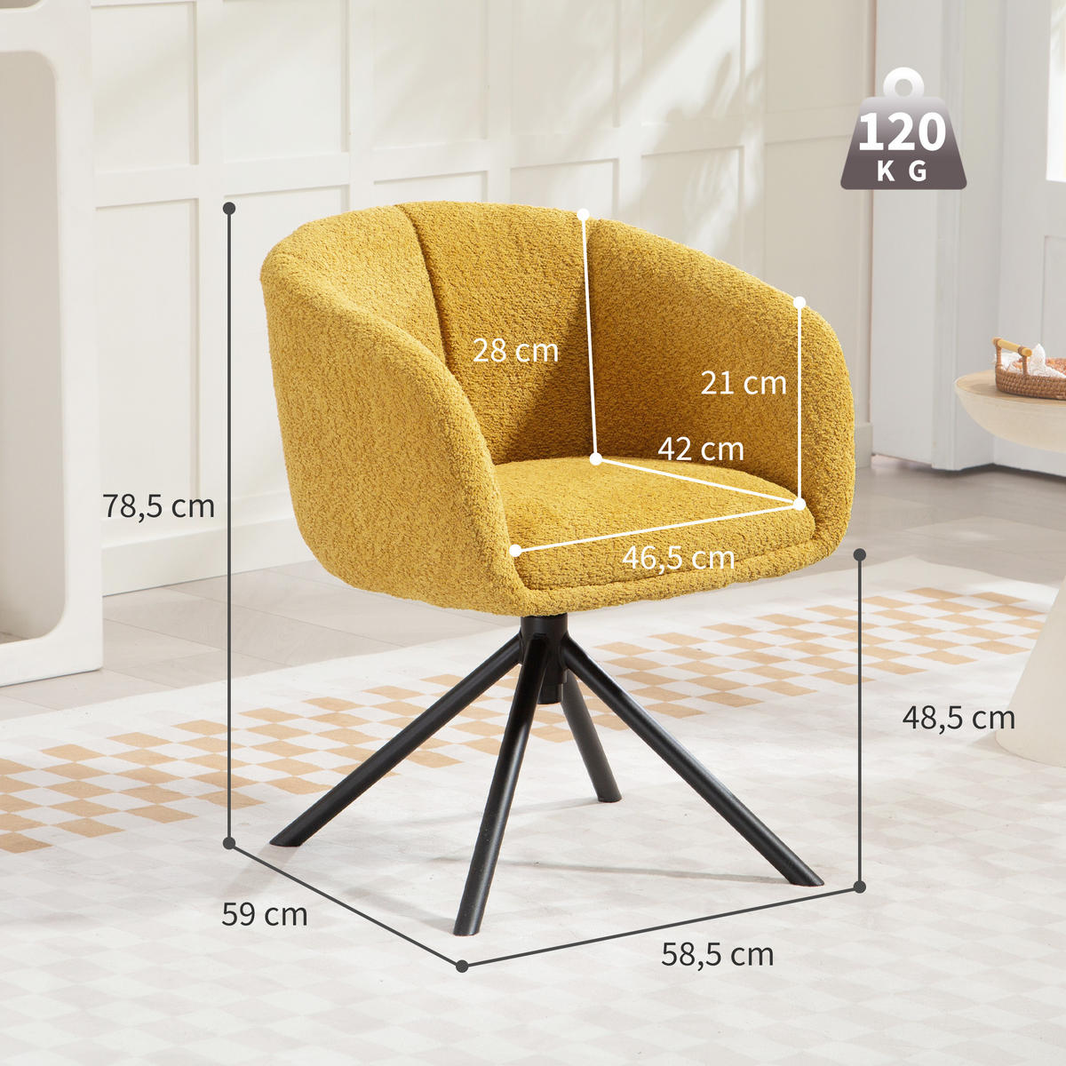SESSEL Loungesessel mit Armlehne, 360° Drehfunktion, Leinenoptik, Gelb - Gelb, Textil (58.5/78.5/59cm) - HOMCOM