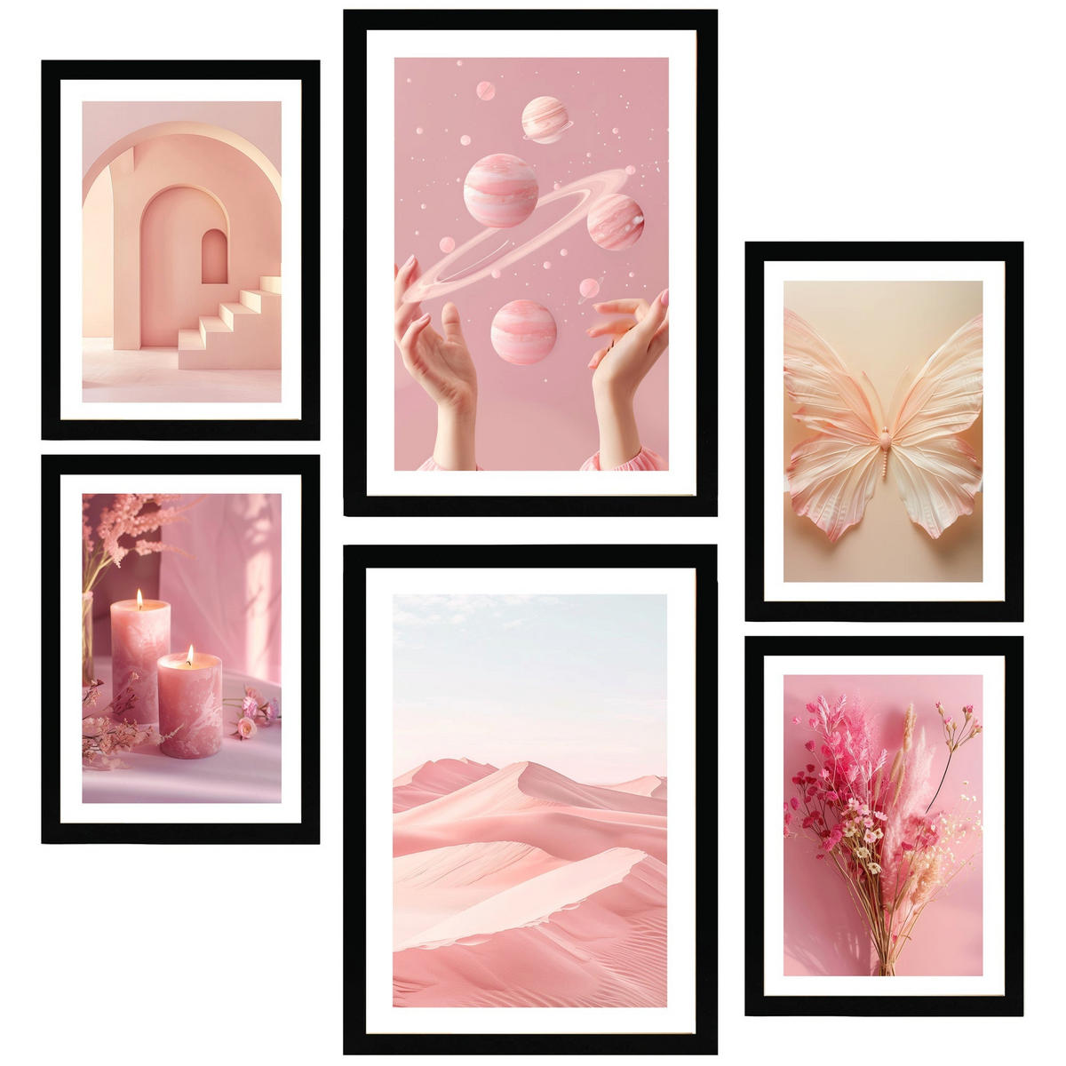 POSTER Set Mit 6 Pastellrosa Komposition A3 & A4 Schwarzer Rahmen - Schwarz, Papier (29/3cm) - Nacnic