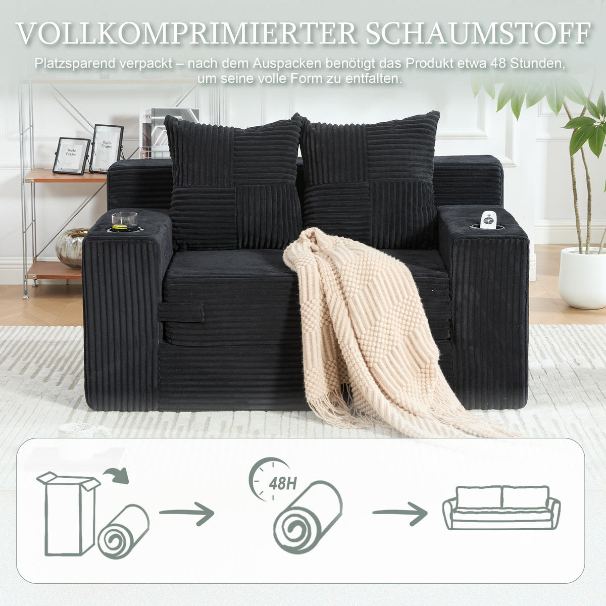 1,5-SITZER ausklappbar, Getränkehalter/Seitentasche, Cord, Schwarz - Schwarz, Textil (133/64/87cm) - LVHOM