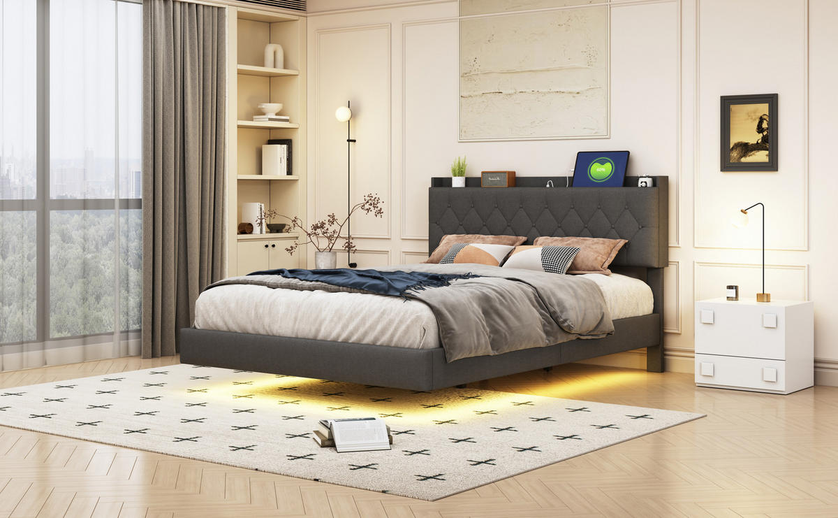 POLSTERBETT 140x200 cm LED USB grau - Grau, Textil (140/200cm) - LEBENLANG