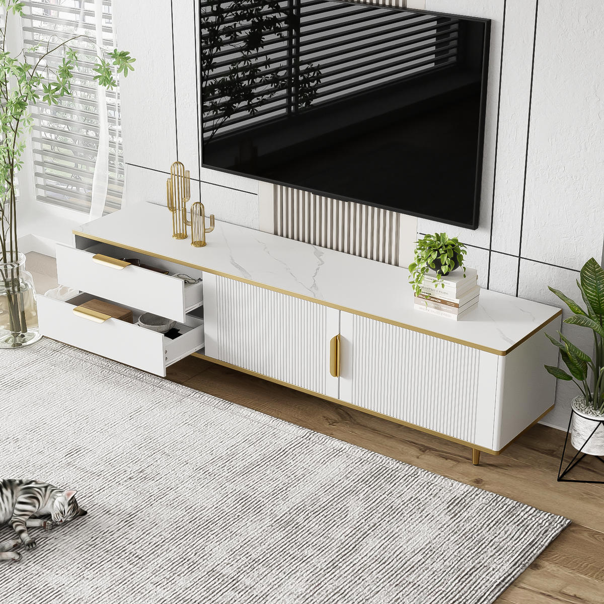 TV-SCHRANK in Weiß und Gold mit 2 Schubladen und 2 Türen 175/40/45 cm - Weiß, Holzwerkstoff (175/45/40cm) - Redom