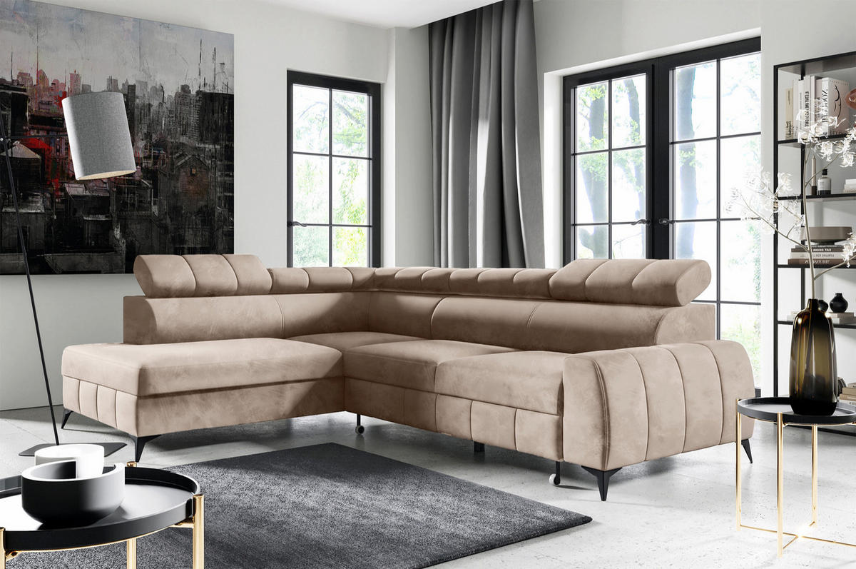 ECKSOFA London Greige Velours - Taupe/Schwarz, Textil/Metall (274/203cm) - Selsey