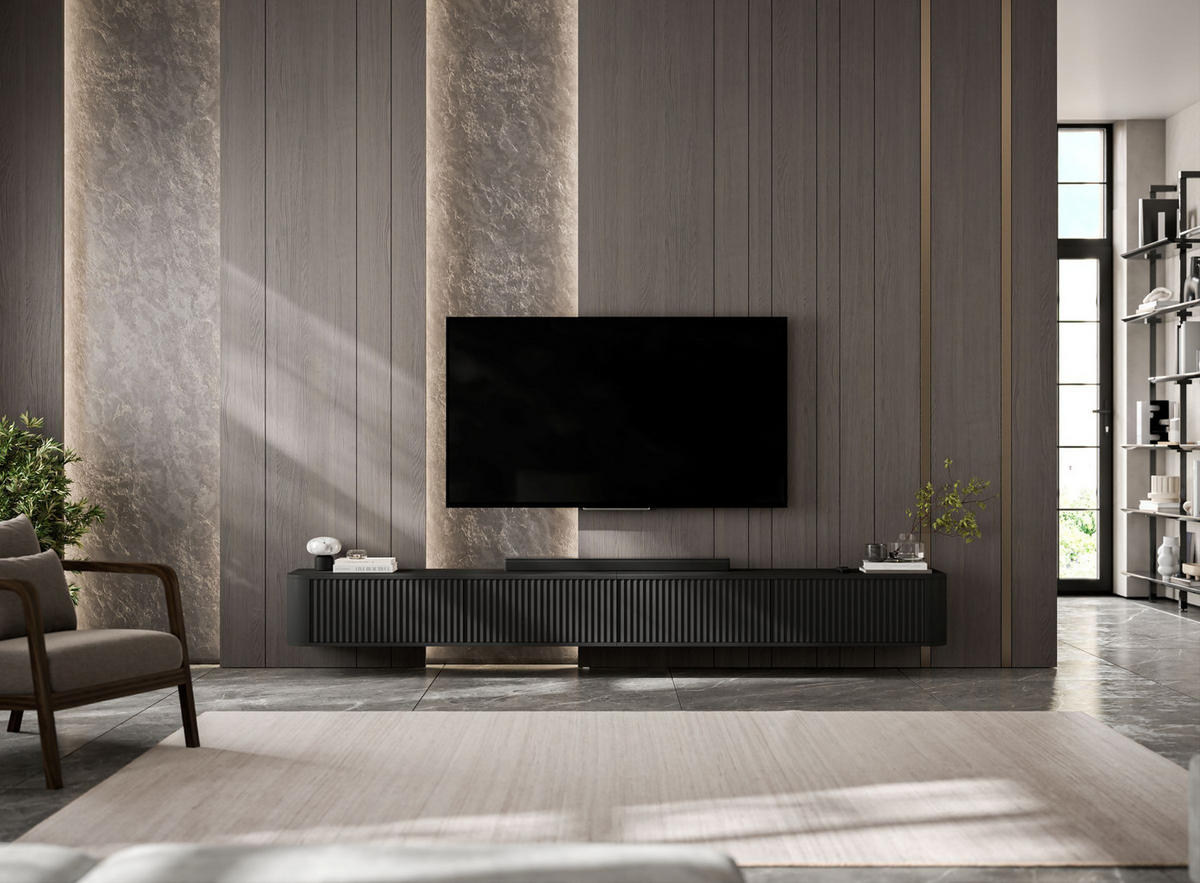 TV skrinka Aurora, set 2 kusov so soklom, matná čierna, 280 cm - čierna, kompozitné drevo (280/37/35cm) - Meble Lindner