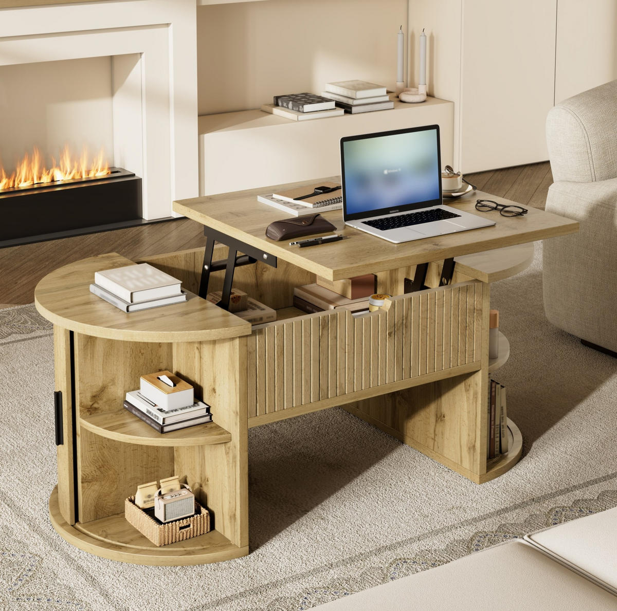 COUCHTISCH 100/50 cm höhenverstellbar mit Schiebetüren und offenen Fächern - Eichefarben, Holzwerkstoff (100/50/40.5cm) - BEAOK