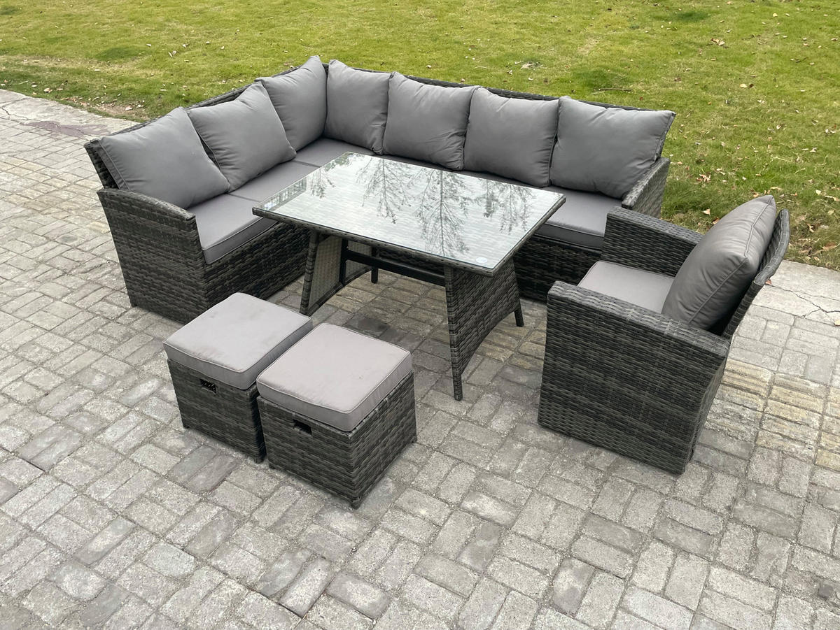 SITZGRUPPE mit Ecksofa Polyrattan 9-Sitzer - Dunkelgrau/Grau, Glas/Kunststoff - Fimous
