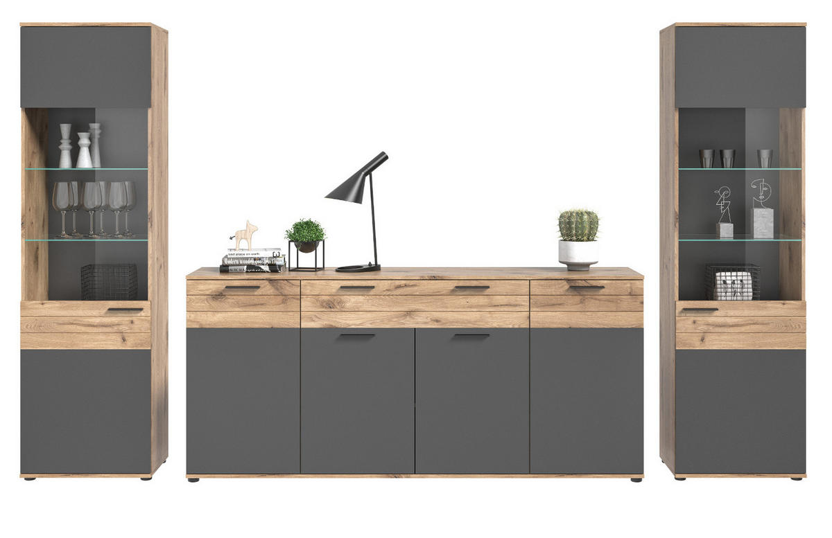 WOHNWAND Eiche, grau 3-teilig 344 cm, Schrankwand mit Soft-Close, Wohn- und Esszimmermöbel - Eichefarben/Schwarz, Holzwerkstoff/Kunststoff (344/200/40cm) - Inn.Furn