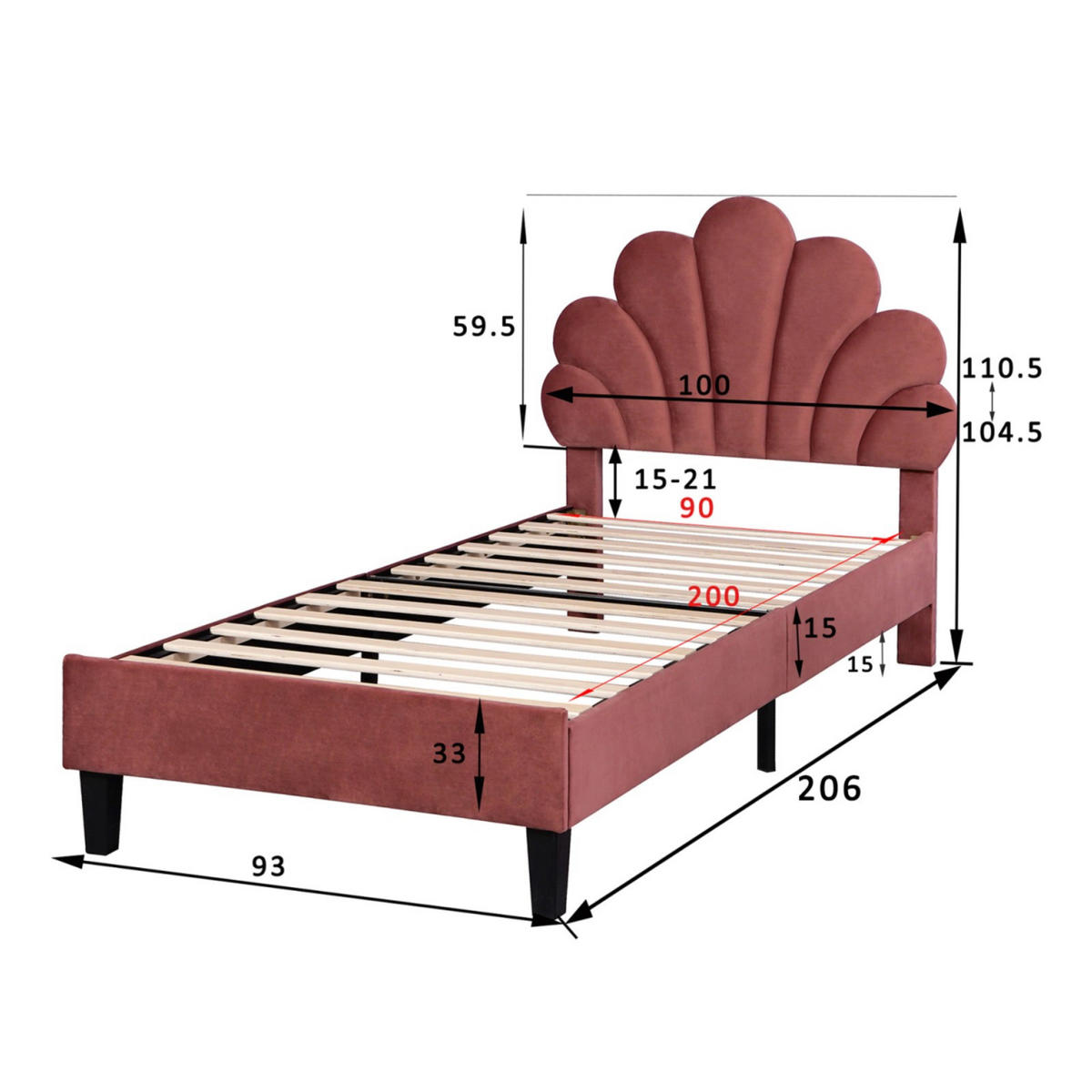 EINZELBETT 90x200 cm aus Samt in Rouge, luxuriöses Kinderbett in Muschel-Optik, weiches Jugend-Polsterbett mit Lattenrost - Rot, Holzwerkstoff (90/200cm) - Brevoria