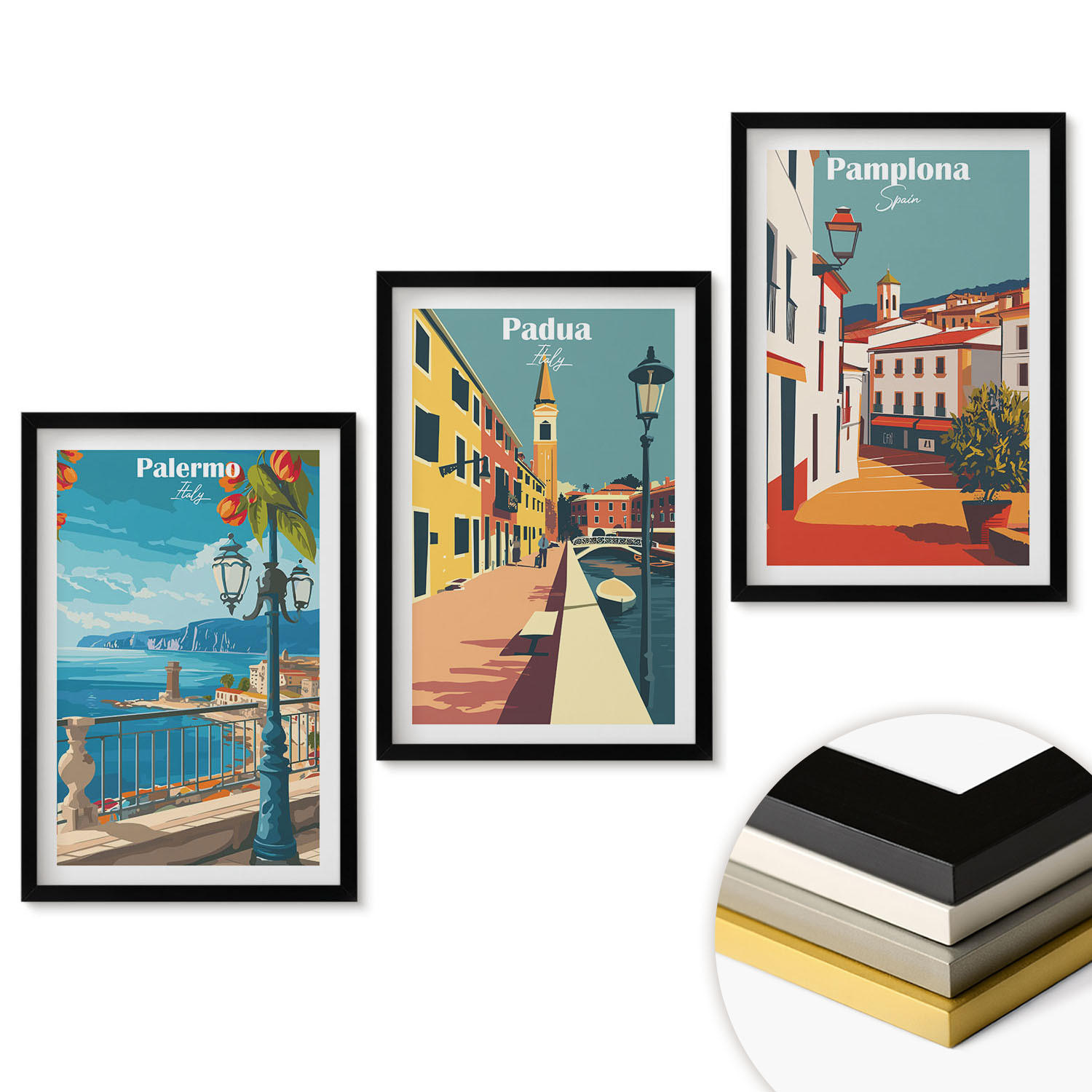 WANDBILDER 3er-Set - 40x60 cm Schwarzer Rahmen - Retro-Stadtillustrationen - Schwarz, Kunststoff (40/60cm) - ArtPrintCave