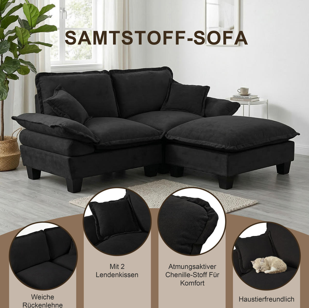 3-SITZER Sofa 263/82/90 cm mit geschwungenen Armlehnen und modularer Form, Chenille, Schwarz - Schwarz, Textil (263/90/82cm) - Redom