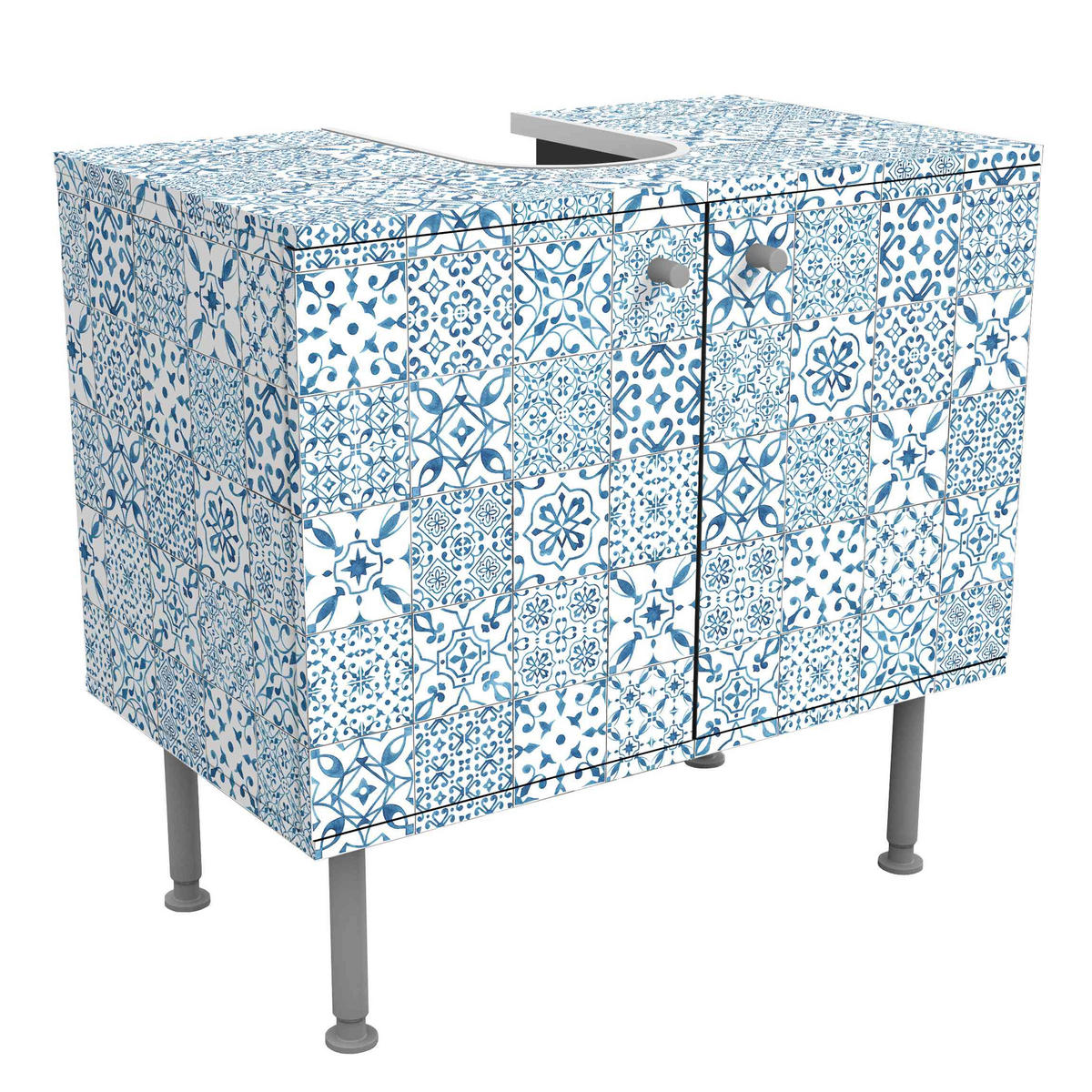 WASCHBECKENUNTERSCHRANK Musterfliesen Blau Weiß 60/55/35 cm - Blau, Holzwerkstoff (60/55/35cm) - Bilderwelten