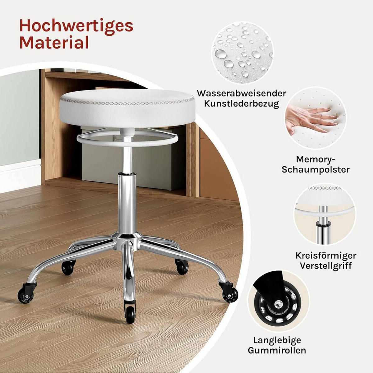 BÜROHOCKER 360° drehbar, rund, Kunstleder, Weiß - Weiß, Kunststoff/Textil (49/46/49cm) - Woltu