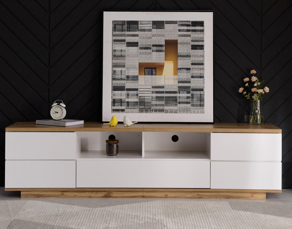 TV ormarić 180/38/46 cm bijelo-drvene boje od MDF-a s rešetkastim vratima - bijela, drvni materijal (180/46/38cm) - OKWISH