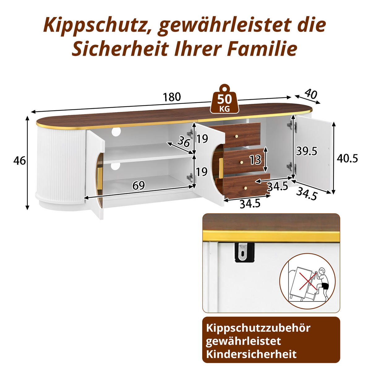 TV-ELEMENT 180/40/46 cm Weiß mit 3 Schubladen und Aluminiumgriffe - Weiß, Holz (180/46/40cm) - Oxeza
