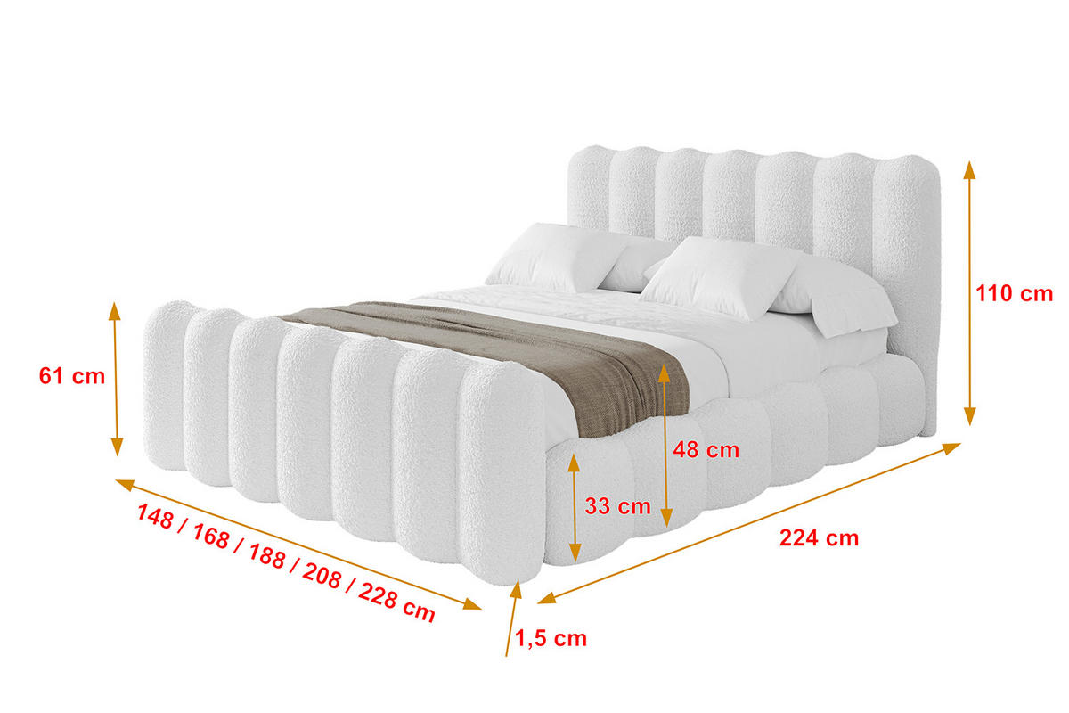 POLSTERBETT mit Bettkasten, Fußteil und Lattenrost, Bett mit Matratze H3/H4 - SORA-Z 180x200 Weiß - Weiß, Holzwerkstoff/Textil (180/200cm) - ALTDECOR