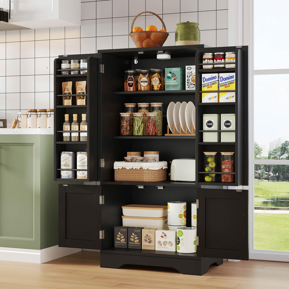 BUFFET Aufbewahrungsschrank 120x60x40cm Schwarz mit LED Licht & Wellentüren - Schwarz, Holzwerkstoff (40/120/60cm) - Modfu