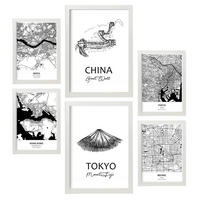 POSTER Set Mit 6 Drucke Von Ostasien Von Karten In Schwarz Weiß A3 & A4 Weißer Rahmen - Weiß, Papier (29/3cm) - Nacnic