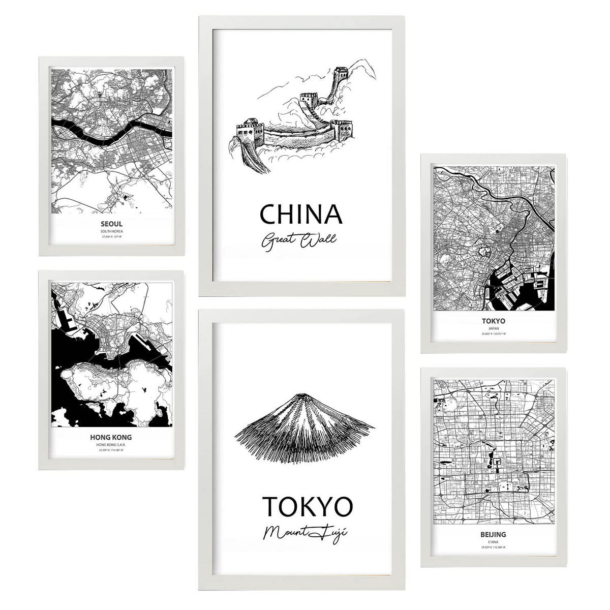 POSTER Set Mit 6 Drucke Von Ostasien Von Karten In Schwarz Weiß A3 & A4 Weißer Rahmen - Weiß, Papier (29/3cm) - Nacnic