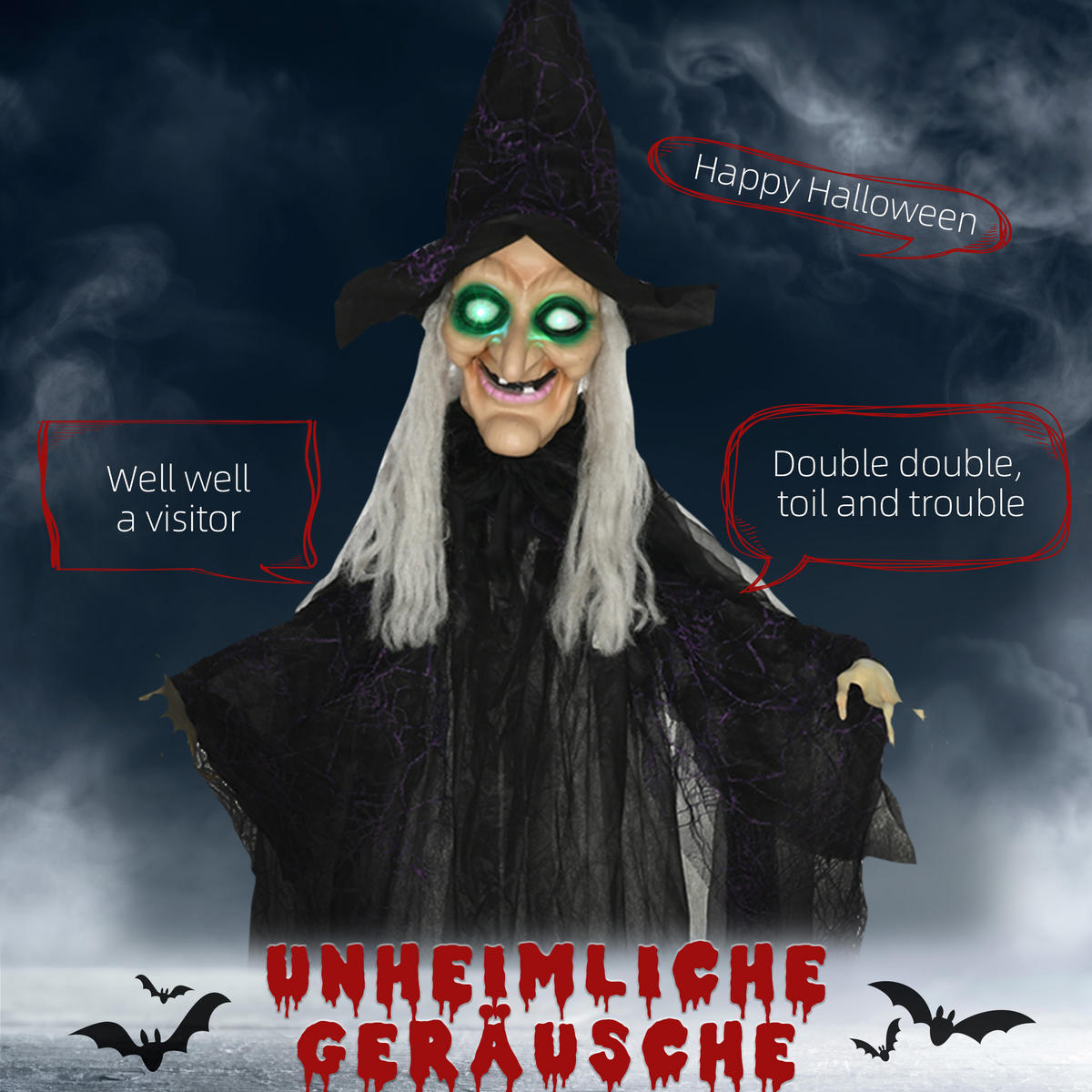 183 cm halloweenská dekorace Halloweenská čarodějnice s LED světly, zvuková funkce - černá, plast (18/183/130cm) - HOMCOM