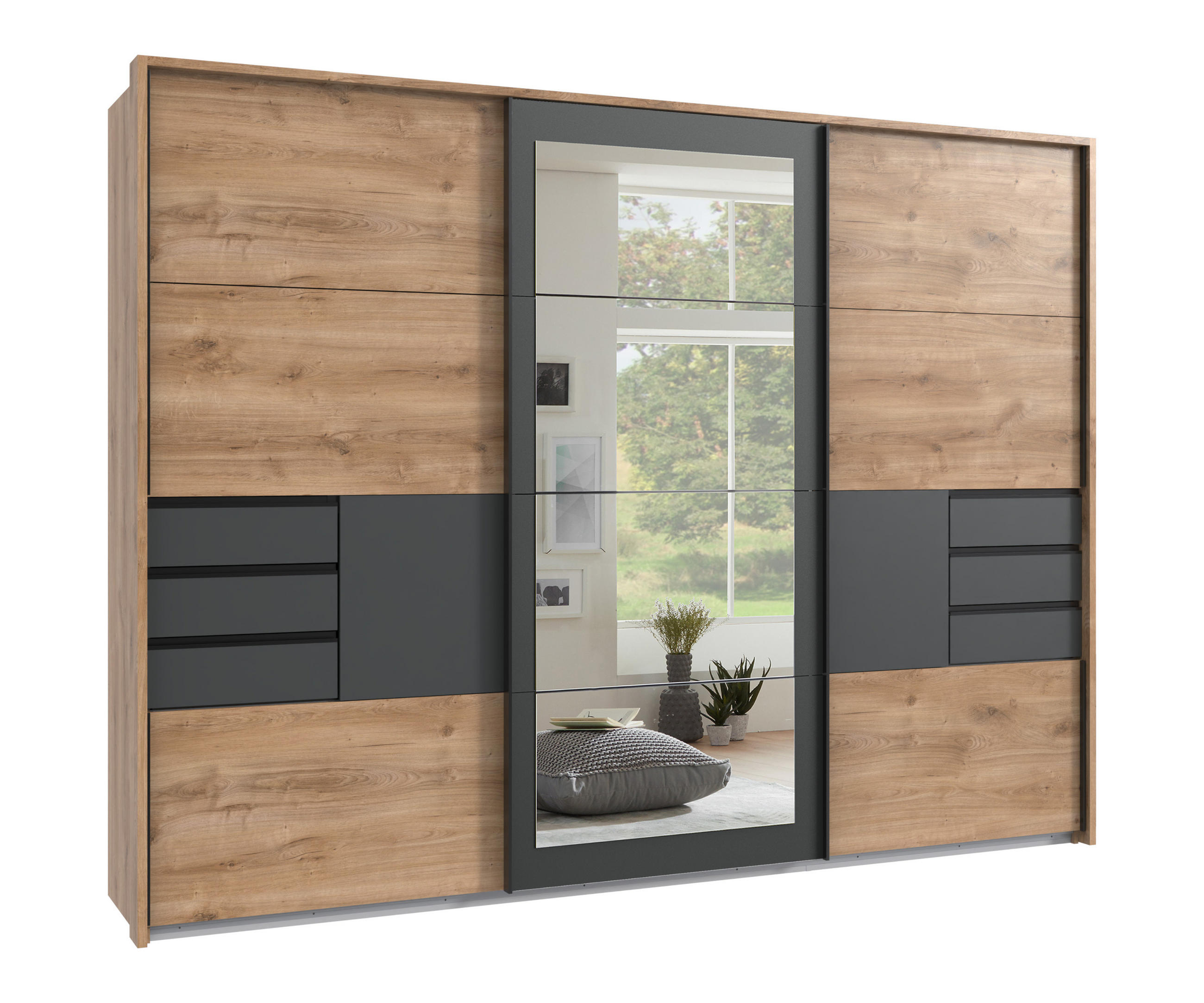 luma-home SKŘÍŇ S POSUVNÝMI DVEŘMI, 3dveřová, 273 × 213 × 64 cm (Š×V×H), dekor dub s grafitovými akcenty, pasparta/zrcadlo/zásuvky / 22506