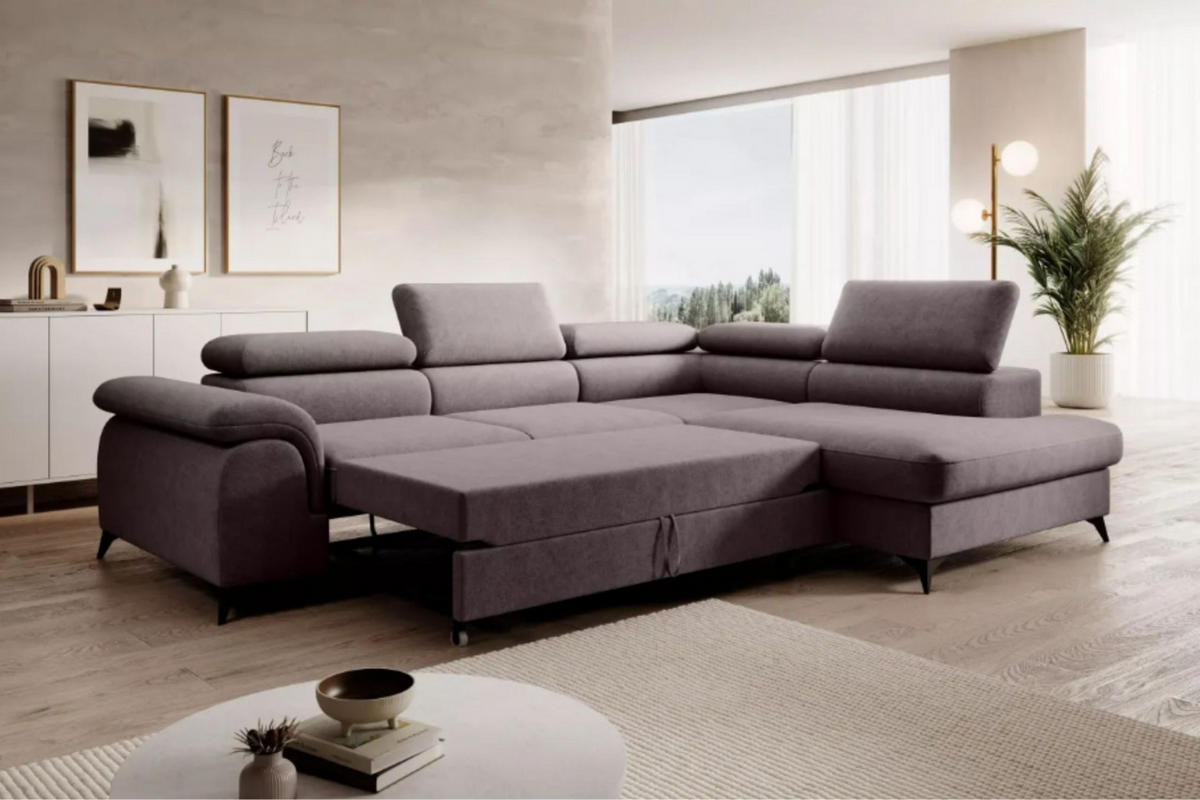 ECKSOFA PLAZA L Rechts mit Schlaffunktion 125x195 Velours Dunkelgrau - Dunkelgrau/Schwarz, Holz/Textil (275/205cm) - Muffo