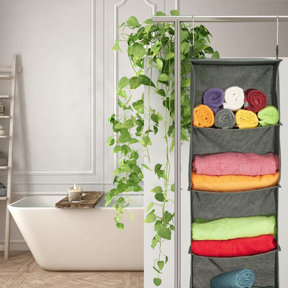 ZÁVESNÝ regál do skrine - sivá, kompozitné drevo/textil (30cm) - Relaxdays