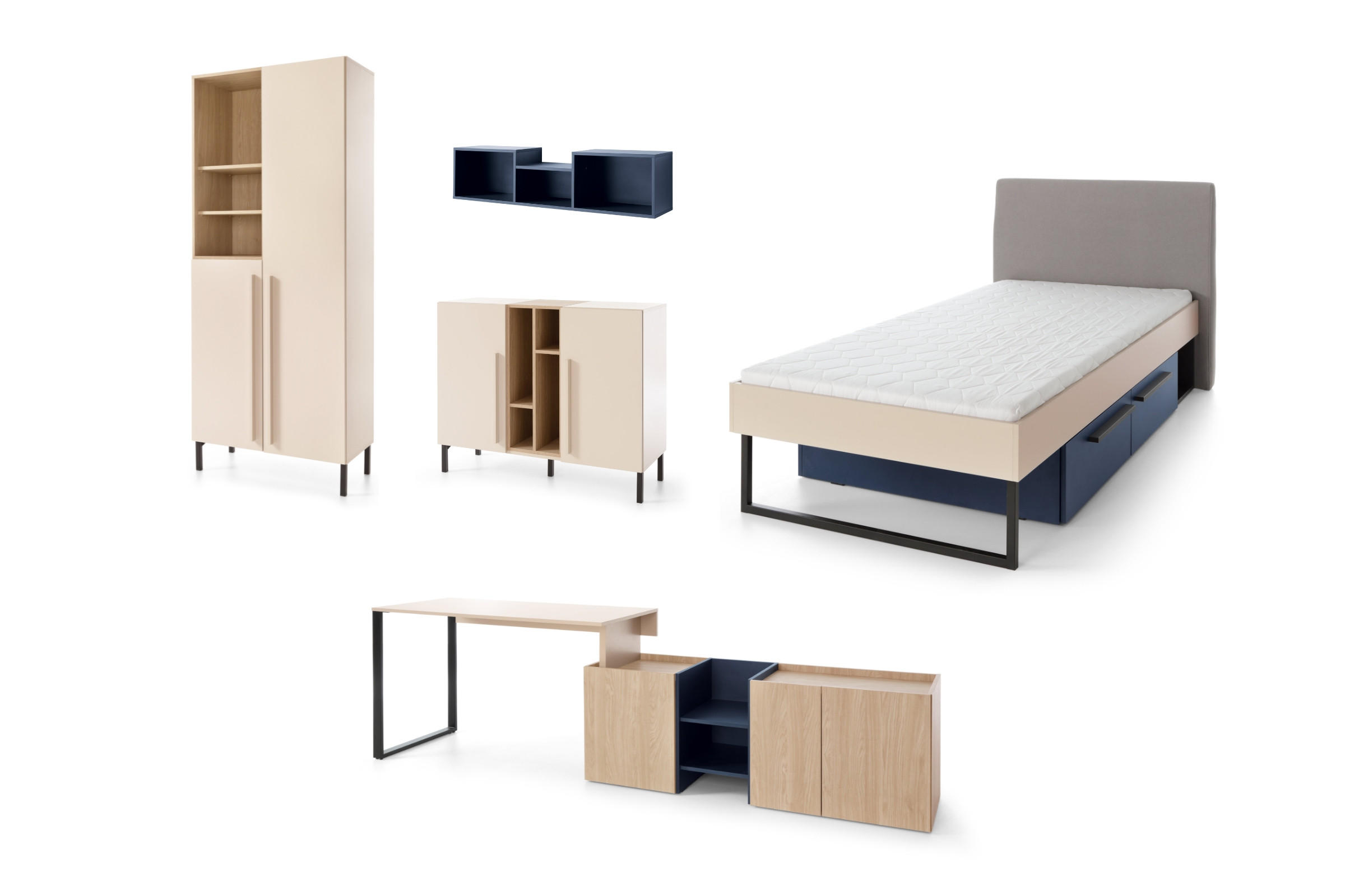 JUGENDZIMMER-SET SORENTO A 5-teilig in Sandbeige/Geölte Eiche/Royalblau - Eichefarben/Beige, Holzwerkstoff (546/212/195cm) - Deine Möbel 24