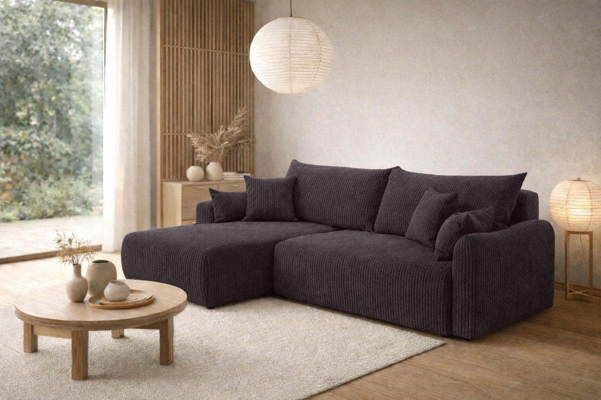ECKSOFA Mit Schlaffunktion, Cordstoff Poso, Dunkelgrau, Links, JAPANDI - Dunkelgrau, Holz (262/145cm) - Kaiser Möbel